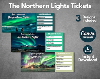 Editable Northern Lights surprise ticket template, Printable Aurora Borealis boarding pass vacation trip, Aurora Borealis gift ticket reveal