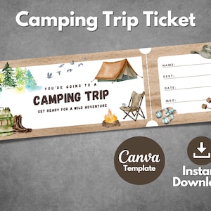 Modèle de billet de voyage de camping modifiable, billet cadeau surprise imprimable pour le week-end de camping, bon d'invitation à une fête de camping, modèle canva