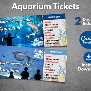 Aquarium surprise ticket template, Editable Oceanarium boarding pass template, Printable Aquarium Zoo vacation trip ticket, Canva Template