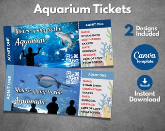 Editable Aquarium Trip Ticket Template, Surprise Vacation Reveal (Canva Template)