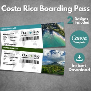 Modèle modifiable de carte d'embarquement au Costa Rica, billet imprimable pour les vacances au Costa Rica, bon de voyage personnalisé au Costa Rica, modèle Canva