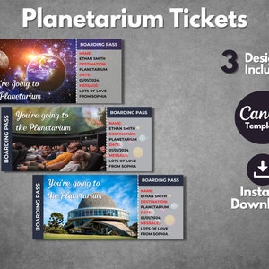 Modello modificabile di biglietto a sorpresa per il Planetario, modello di carta d'imbarco stampabile per lo spettacolo di astronomia, modello Canva per biglietto regalo per Planetario