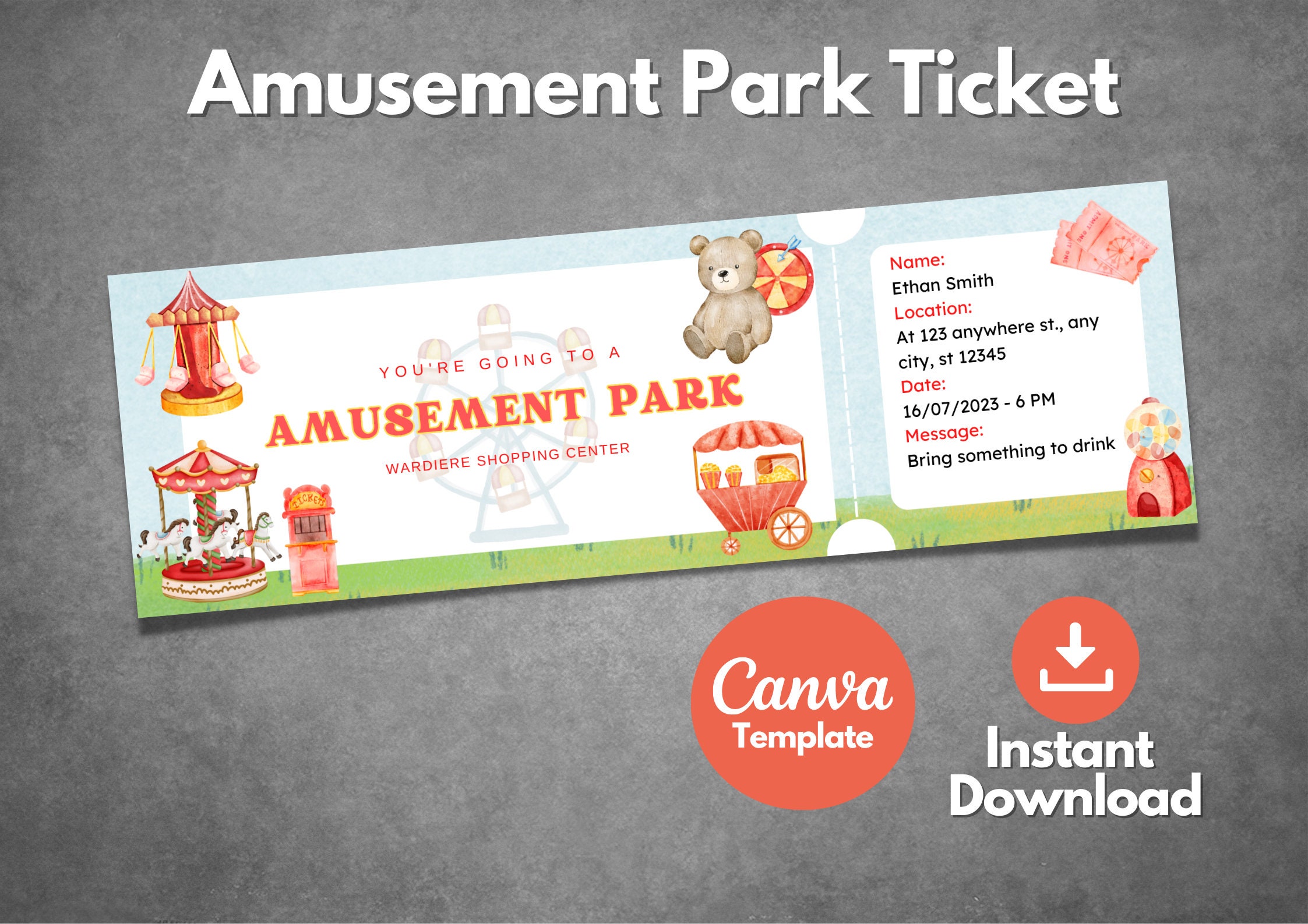 Editable Amusement Park Ticket Template Printable Amusement Park Editable Amusement Park Ticket Template Printable Amusement Park