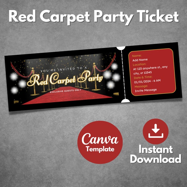 Editable Red Carpet Party ticket invitation template, Printable Red Carpet voucher template, Custom VIP Party ticket invite, Canva Template