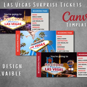 Modèle modifiable de billet cadeau surprise pour un voyage à Las Vegas, carte d'embarquement cadeau imprimable à Las Vegas, révélation du bon pour Las Vegas, téléchargement immédiat