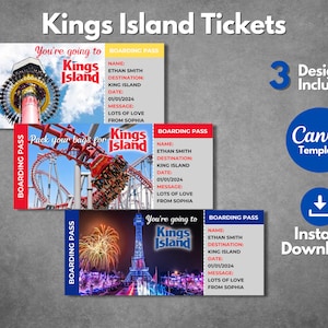 Bearbeitbare Kings Island Überraschungsticketvorlage, druckbare Kings Island Bordkartenvorlage, Kings Island Ohio Urlaubsreise Geschenkticket