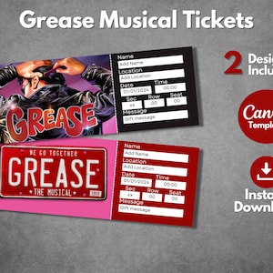 Editable Grease broadway ticket template, Printable Grease theatre play gift pass, Grease the musical gift ticket reveal, Instant donwload