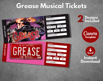 Edytowalny szablon biletu na spektakl Grease na Broadwayu, Wydrukowany karnet na przedstawienie Grease, Ujawnienie biletu na musical Grease, Natychmiastowe pobranie