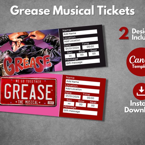 Plantilla editable de entrada de Broadway de Grease, pase de regalo de obra de teatro de Grease imprimible, revelación de entrada de regalo musical de Grease, descarga instantánea