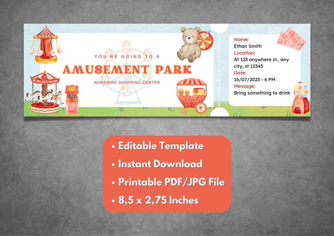 Editable Amusement Park Ticket Template Printable Amusement Park Editable Amusement Park Ticket Template Printable Amusement Park