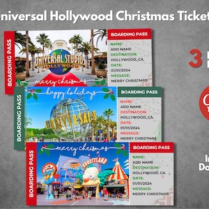 Modèle de billet surprise modifiable pour Noël Universal Studios, Carte d'embarquement universelle pour Noël à imprimer et Cadeau universel pour les vacances