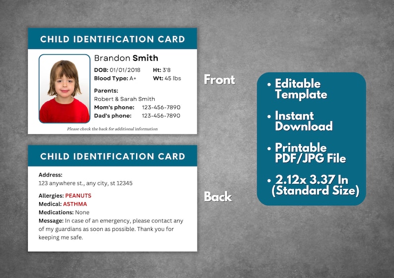 Editable Child ID Card Template, Custom Kid ID Card Template, Printable