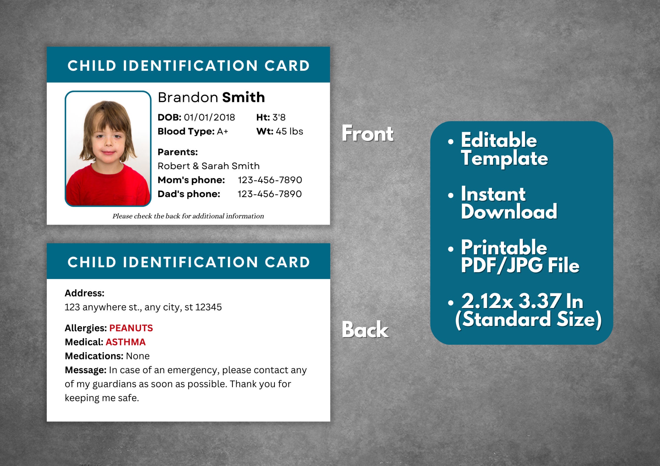 Editable Child ID Card Template, Custom Kid ID Card Template, Printable