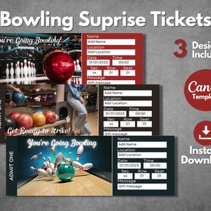 Printable Bowling surprise ticket template, Editable Bowling game invitation template, Custom bowling gift ticket reveal, Instant download
