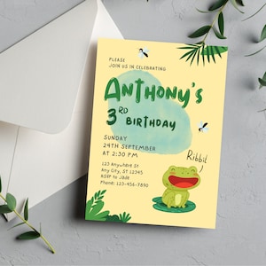 Printable frog birthday invitation template, Froggy kids birthday party Invite, Editable green and yellow birthday invite, Instant Download
