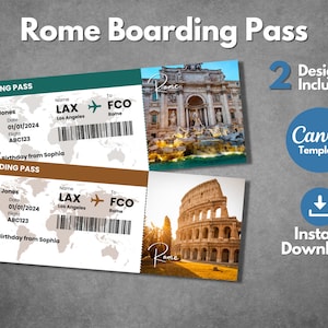Modello di biglietto a sorpresa per Roma, modello di carta d'imbarco stampabile per Roma Italia, biglietto regalo modificabile per viaggio di vacanza a Roma, modello Canva