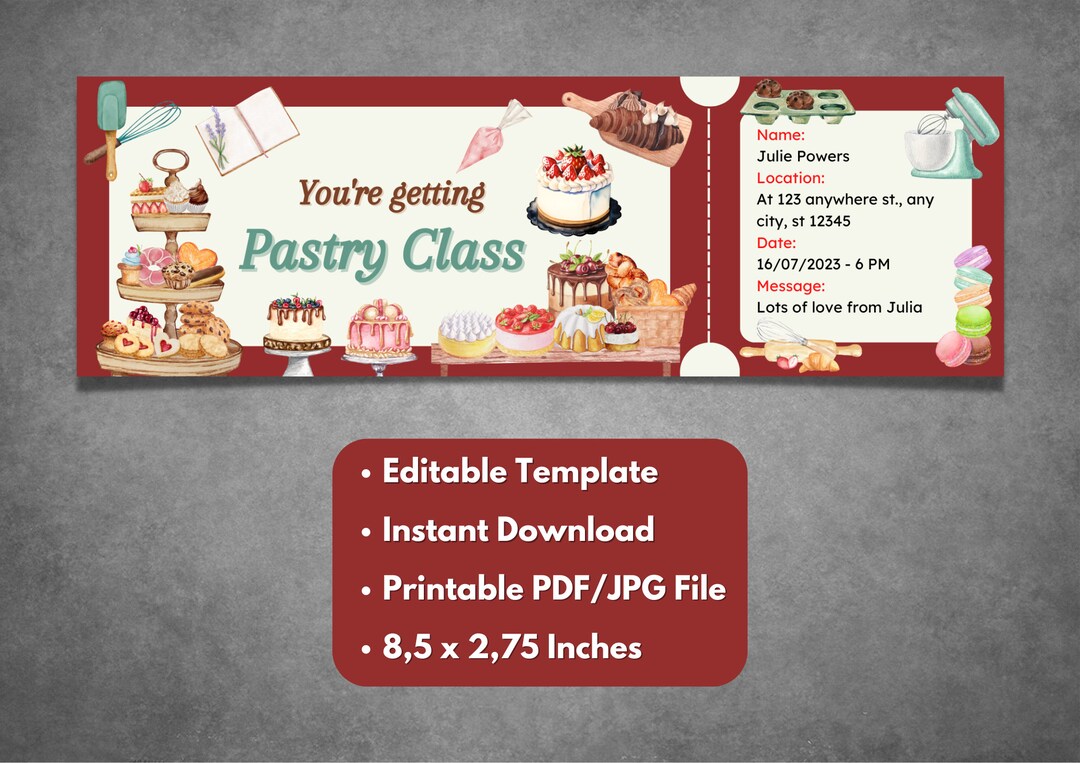 Editable Pastry Class Surprise Ticket Template, Printable Bakery Class ...