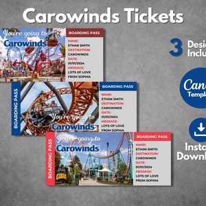 Bearbeitbare Carowinds Überraschungsticketvorlage, druckbare Carowinds Bordkartenvorlage, Carowinds Charlotte Urlaubsreise Geschenkticket
