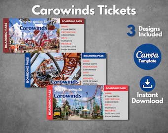 Plantilla de boleto sorpresa de Carowinds, tarjeta de embarque imprimible (editable en Canva, descarga digital)