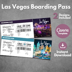 Modèle modifiable de carte d'embarquement pour Las Vegas, billet imprimable pour les vacances à Las Vegas, bon personnalisé Las Vegas Nevada, modèle Canva