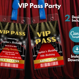 Editable VIP Pass party template, Printable Red Carpet VIP Pass invitation badges, Hollywood VIP Pass party card invite canva template