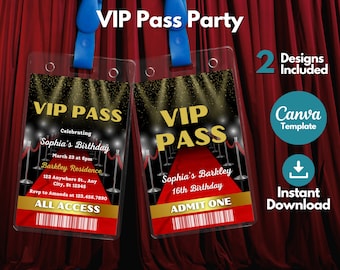 Modèle de fête modifiable VIP Pass, badges imprimables d'invitation VIP Pass tapis rouge, modèle de toile d'invitation de carte de fête Hollywood VIP Pass