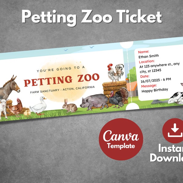 Editable Petting Zoo ticket template, Printable Petting Zoo surprise gift ticket, Custom Farm trip voucher invitation, Canva template