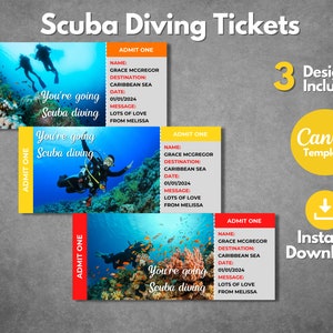 Editable Scuba Diving surprise ticket template, PrintableScuba Diving boarding pass template, Scuba Diving vacation trip gift ticket