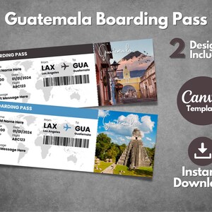 Modèle modifiable de carte d'embarquement au Guatemala, billet imprimable pour les vacances au Guatemala, bon de voyage personnalisé au Guatemala, modèle Canva