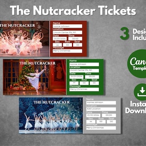 Plantilla de boletos editable para El cascanueces, pase de regalo para el musical teatral El cascanueces imprimible, presentación de boletos para la obra El cascanueces, descarga instantánea