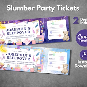 Bearbeitbare Slumbers Party Tickets Vorlage, druckbare Sleepover Einladungsvorlage, Pyjama Geburtstagsparty Kindertickets einladen, Canva Vorlage