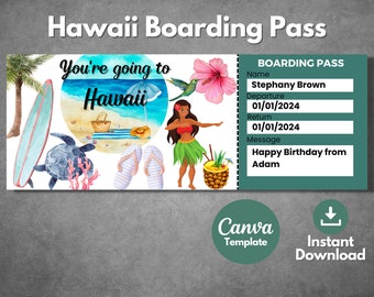 Editable Hawaii surprise gift ticket template, Printable Hawaii vacation trip boarding pass, Honolulu hawaii trip ticket reveal template