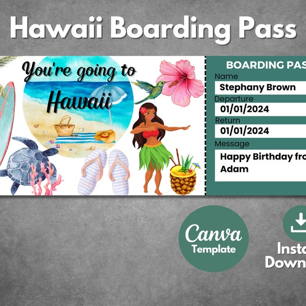 Editable Hawaii surprise gift ticket template, Printable Hawaii vacation trip boarding pass, Honolulu hawaii trip ticket reveal template