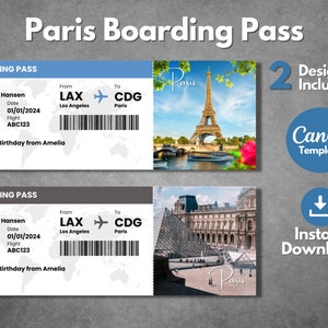 Modelo de cartão de embarque para Paris para impressão, bilhete-presente de viagem editável para Paris França, voucher de viagem personalizado para cartão de embarque em Paris, download instantâneo