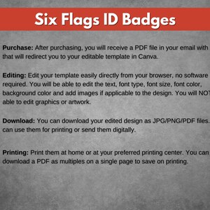 Peut inclure: Un graphique avec des instructions sur la fa&ccedil;on d'acheter, de modifier, de t&eacute;l&eacute;charger et d'imprimer des badges d'identit&eacute; Six Flags. Le graphique comprend des ic&ocirc;nes pour un panier, un crayon, un dossier et une imprimante.