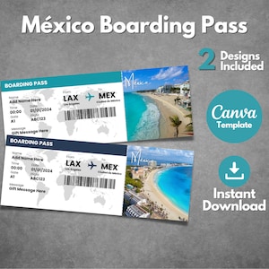 Editable Mexico Boarding Pass Template, Printable México Vacation Trip Ticket, Custom Ciudad de Mexico Cancun Boarding Pass, Canva template