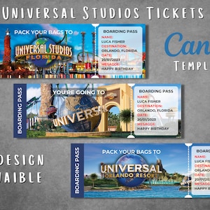 Modelo de bilhete surpresa editável do Universal Studios, modelo de cartão de embarque para impressão do Universal Studios, bilhete de presente para viagem de férias da Universal