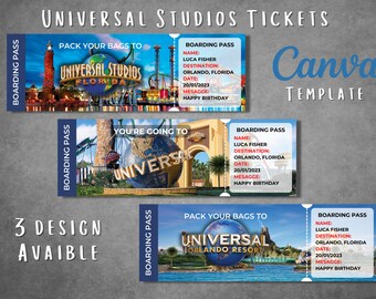 Editable Universal Studios surprise ticket template, Printable Universal Studios boarding pass template, Universal vacation trip gift ticket
