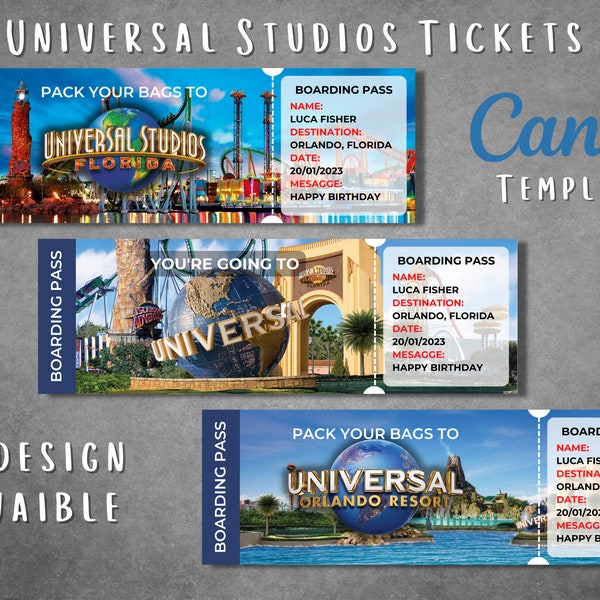 Editable Universal Studios surprise ticket template, Printable Universal Studios boarding pass template, Universal vacation trip gift ticket