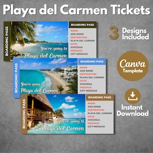 Modèle modifiable de carte d'embarquement pour Playa del Carmen, billet imprimable Playa del Carmen Mexique, bon personnalisé Playa del Carmen, modèle Canva