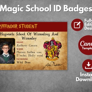 Plantilla editable de insignias de identificación de la Escuela de Magia y Hechicería, tarjeta de identificación de Harry Wizard imprimible, tarjeta de identificación personalizada de la Escuela de Magia, plantilla de Canva