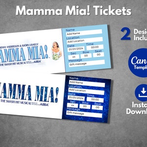 Bearbeitbar Mamma Mia! Sie haben die Wahl zwischen Mamma Mia! Theaterstück Geschenkpass, Mamma Mia! Individuelles Ticket offenbaren, Sofort-Download