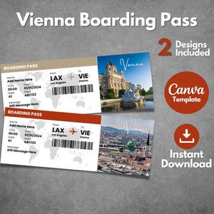 Bearbeitbare Wiener Bordkarte-Vorlage, druckbare Wien-Urlaubsreisekarte, benutzerdefinierte Wien-Österreich-Gutschein, Canva-Vorlage