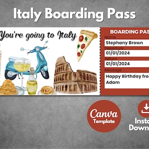 Modello modificabile di rivelazione regalo a sorpresa della carta d'imbarco in Italia, modello di biglietto di viaggio stampabile per l'Italia Europa, pass voucher per viaggio a Roma Italia