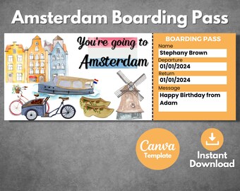 Amsterdam Trip Boarding Pass, Vacation Reveal Ticket (Digital Download)