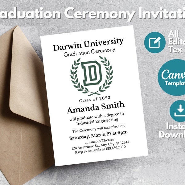 Formal College Graduation Announcement with School Logo, Editable Graduation Ceremony Invitation Insert Canva Template, Instant Download