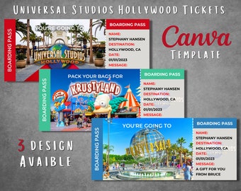 Editable Universal Studios surprise ticket template, Printable Universal Studios boarding pass template, Universal vacation trip gift ticket