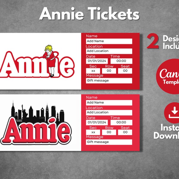 Editable Annie broadway show ticket template, Printable Annie theatre play gift pass, Annie the musical surprise gift ticket reveal