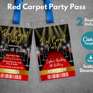 Bearbeitbare Party VIP Pass-Vorlage für den roten Teppich, druckbare rote Teppich Sweet 16-Einladung ID-Abzeichen, rote Teppichtickets laden Canva-Vorlage ein