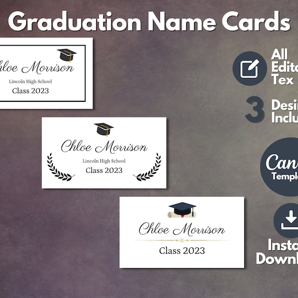 Editable Graduation Name Card Template, Printable Class 2023 Graduation Name Cards, Name Cards for Graduates Template